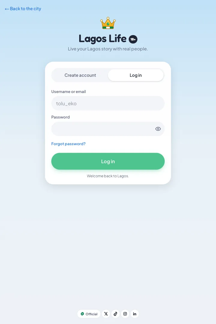 Empty official Lagos Life login form with username or email, password and password recovery